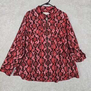 Michael‎ Kors Snakeskin Zip Front Blouse Womens 3X Pink Black Roll Tab Chic Edgy